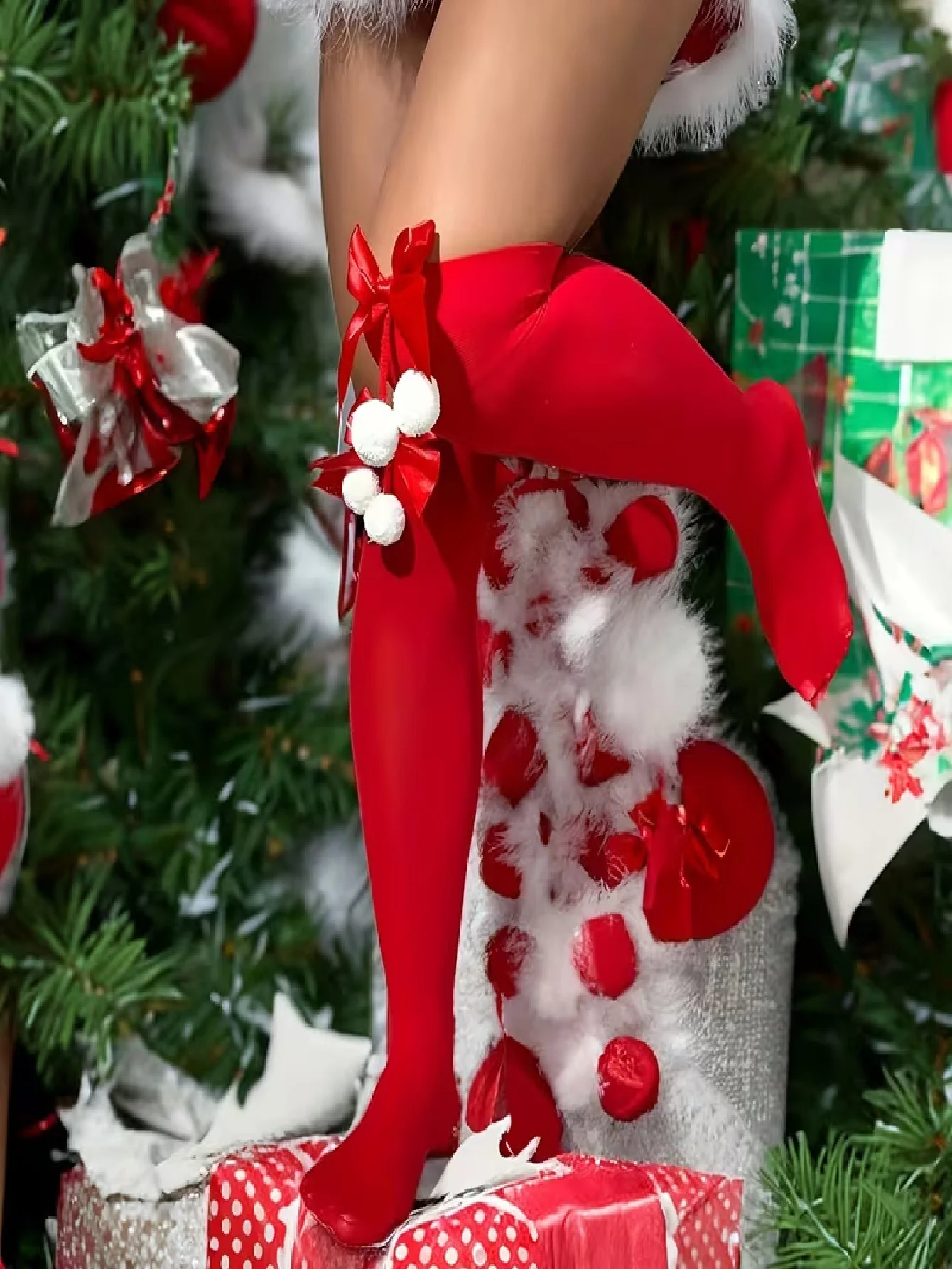 Women'S Red Accessories - 1 çift kırmızı, diz üstü, fiyonklu