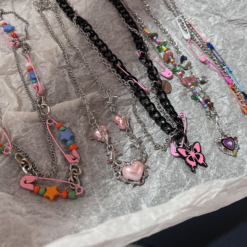Women'S Emo Accessories - Vintage Y2k pembe Pin boncuk gerdanlık